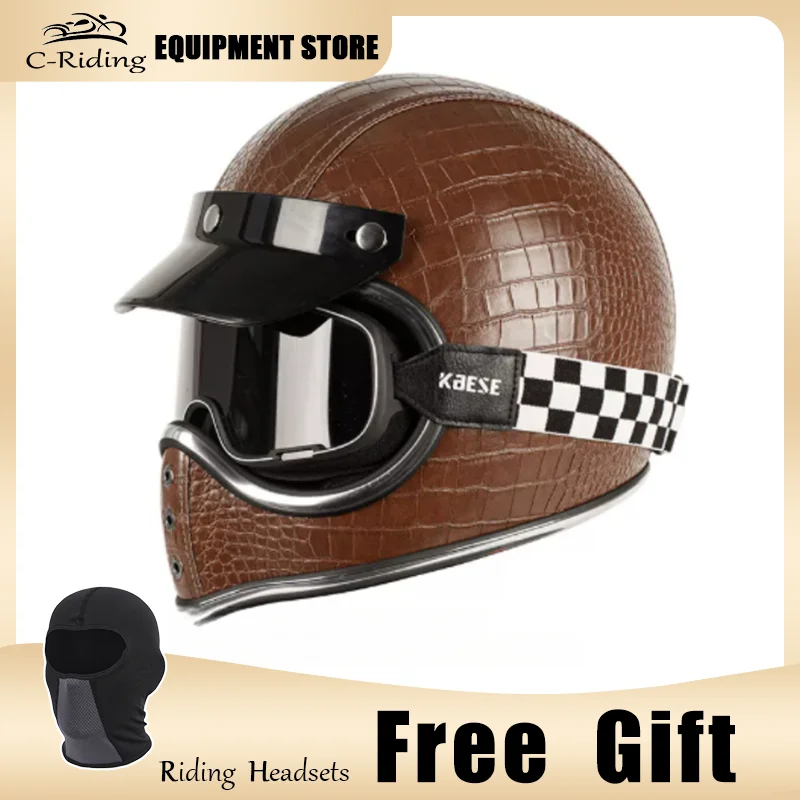 Versatile White Leather Full Face Motorbike Helmet Imitation Crocodile Texture Vintage Leather Helmet Stable Quick Release