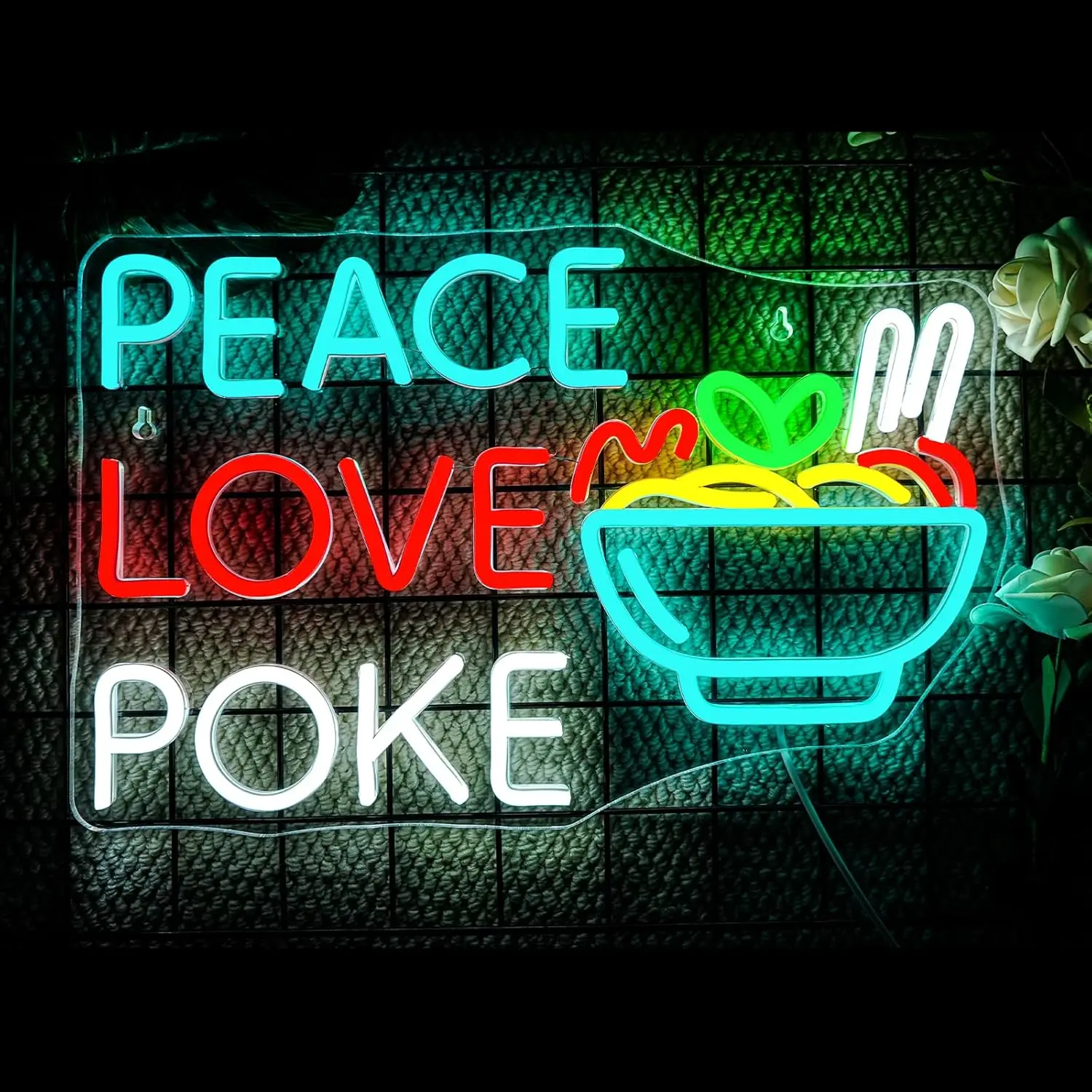 Peace Love Poke Neon Light Dimmable LED Wall Decor Colorful Bowl Sign USB Powered Hawaiian Food Bar Restaurant Window Display