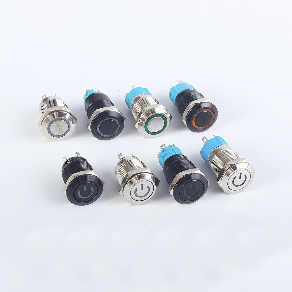 1 PCS 12mm Waterproof Led Light Metal Flat Momentary Latching Switches with power mark Ring LED Black Push Button Switch