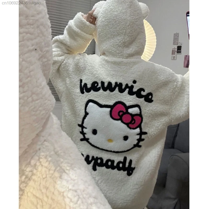 Sanrio Hello Kitty New Fashion Hoodies Cartoon Cute Plush Autumn Jacket Women Loose Zipper Cardigan Shirts Y2k Top Coat Kawaii