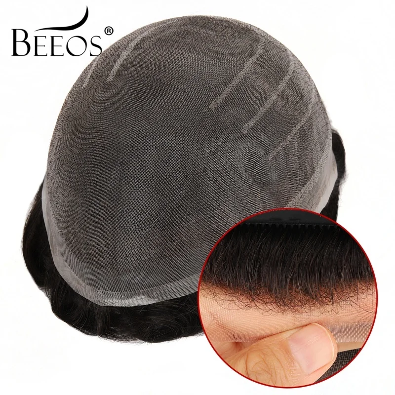 Beeos Super Fine Welded Mono Lace Toupee with 1cm apart stitching all over Durable Base 100% Human Hair Men's Hair System