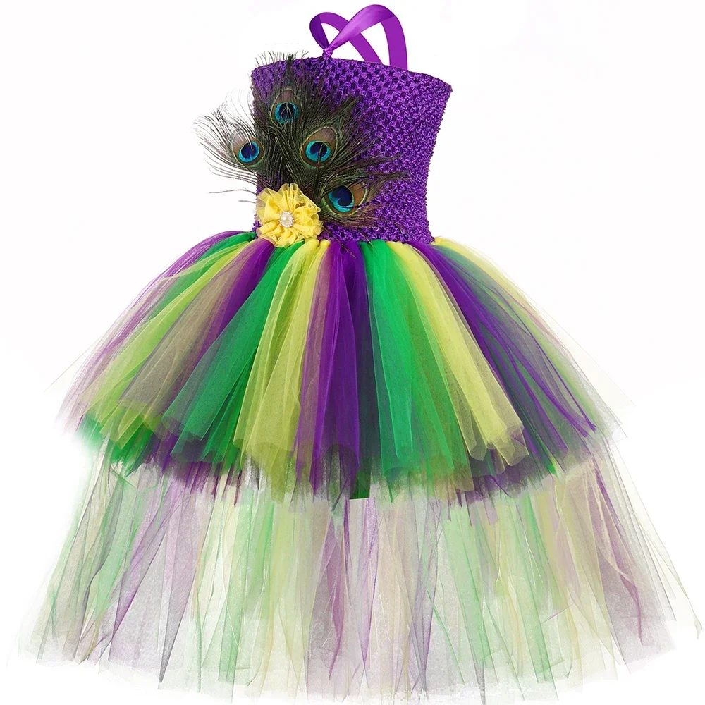 Girls Peacock Costume Kids High Low Flower Feathers Tulle Princess Tutu Dress Girls Halloween Mardi Gras Pageant Party Dresses