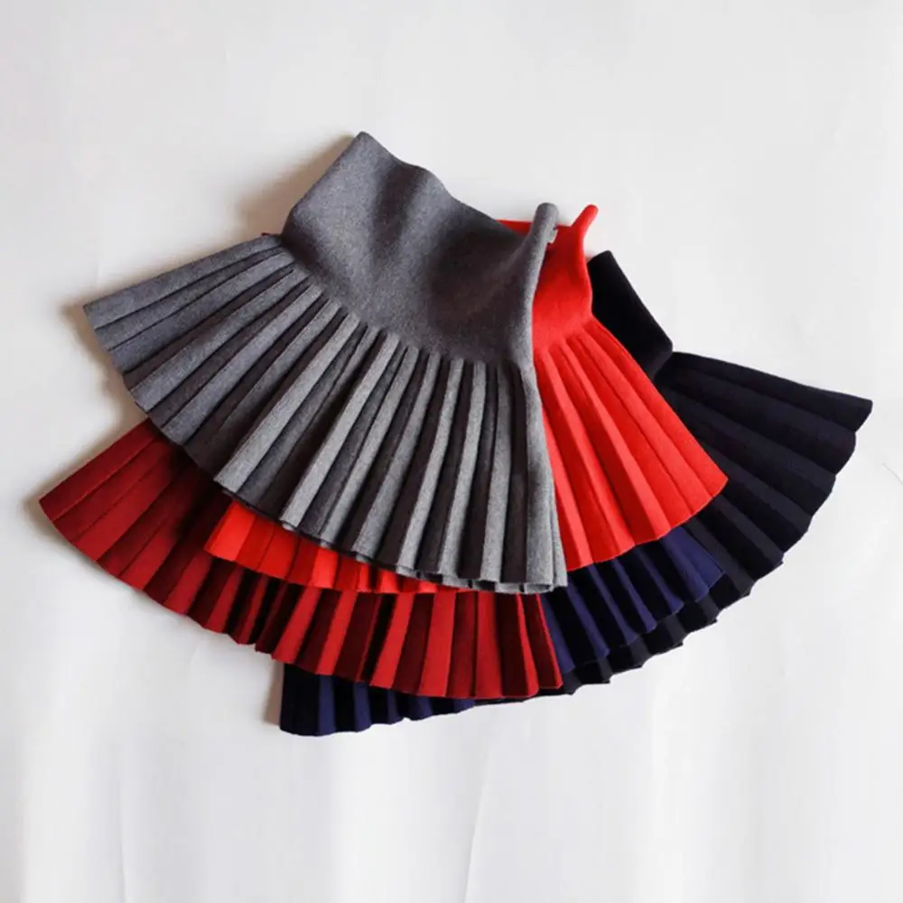 Pleated Skirt High Waist Solid Color Autumn Children School Girls Knit Bottoming