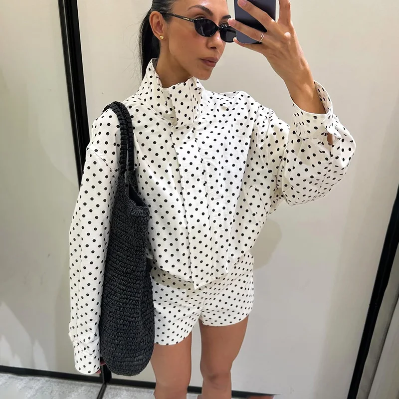 

Ticketsx Vintage Polka Dot Coats Fashion Women's Loose Jackets Casual Shorts Set Elegant New Streetwear Commuter Female Jacket