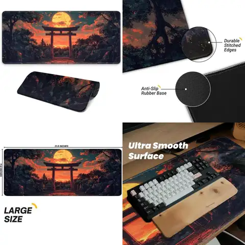 Large Anime-Inspired Japanese Forest Full Moon Gaming Mouse Pad with Non-Slip Base and Stitched Edges