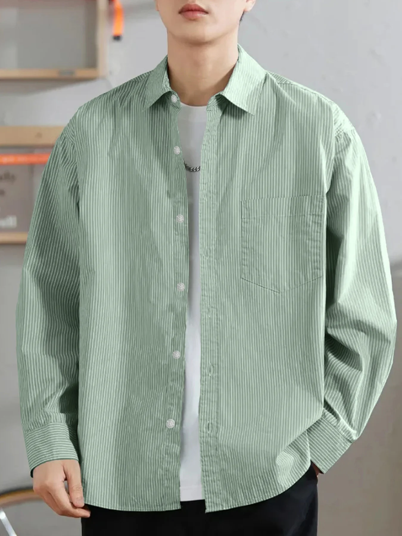 

Spring and autumn lightweight thin-striped casual men's versatile stylish long-sleeve striped shirt