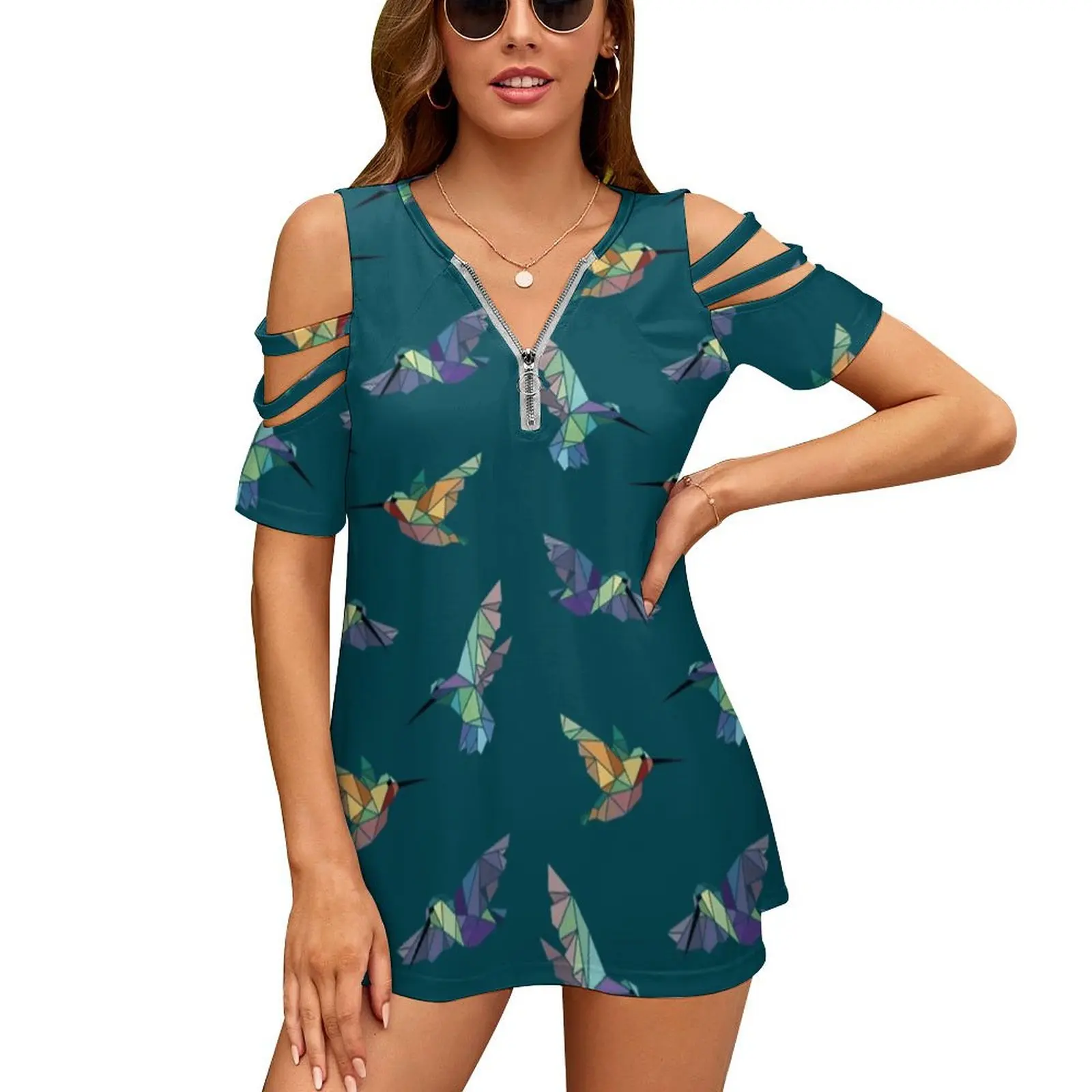 Geometric Humminbirds-Teal New Fashion Zip Off Shoulder Top Short-Sleeve Women Shirt Geometric Crystal Bird Birds Hummingbirds