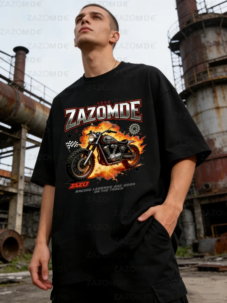 

ZAZOMDE Mens High Street Motorcycle Racing Short Sleeve T Shirt Pure Cotton Oversized Streetwear Tee Vintage Design Casual Wear