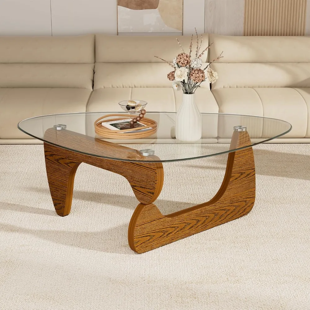 

Solid Wood Coffee Table, 42.5 x 28.5 x 16.1 Triangle Center Table for Living Room w/ Tempered Glass Top, Vintage Minimalist Te
