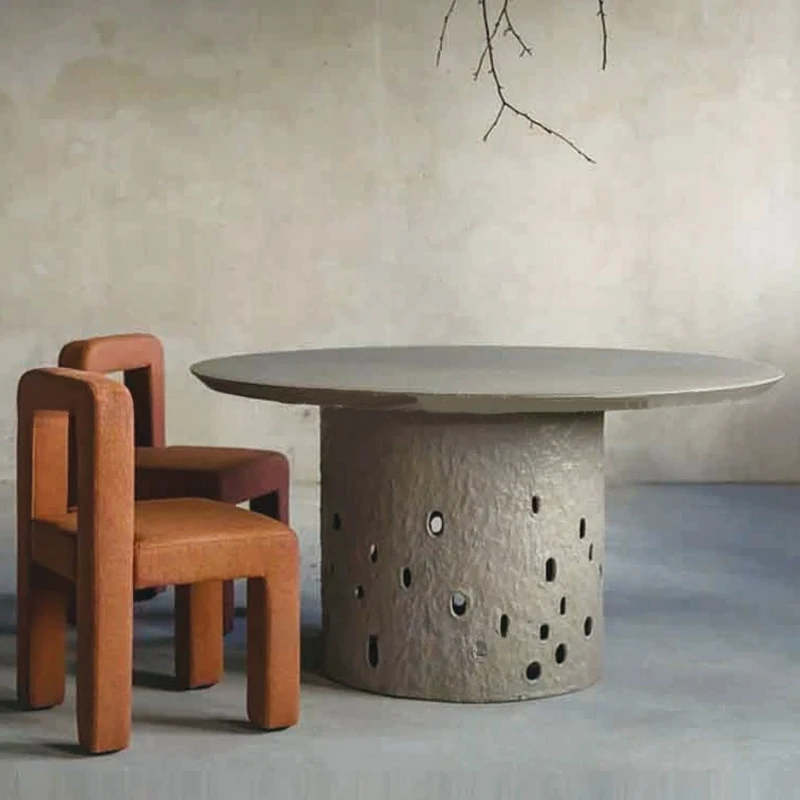 

#Wabi-Sabi Style 8-Person Dining Table In Brick Red Micro-Cement & Cold Style Landscape Chair Combination For Hotel Use