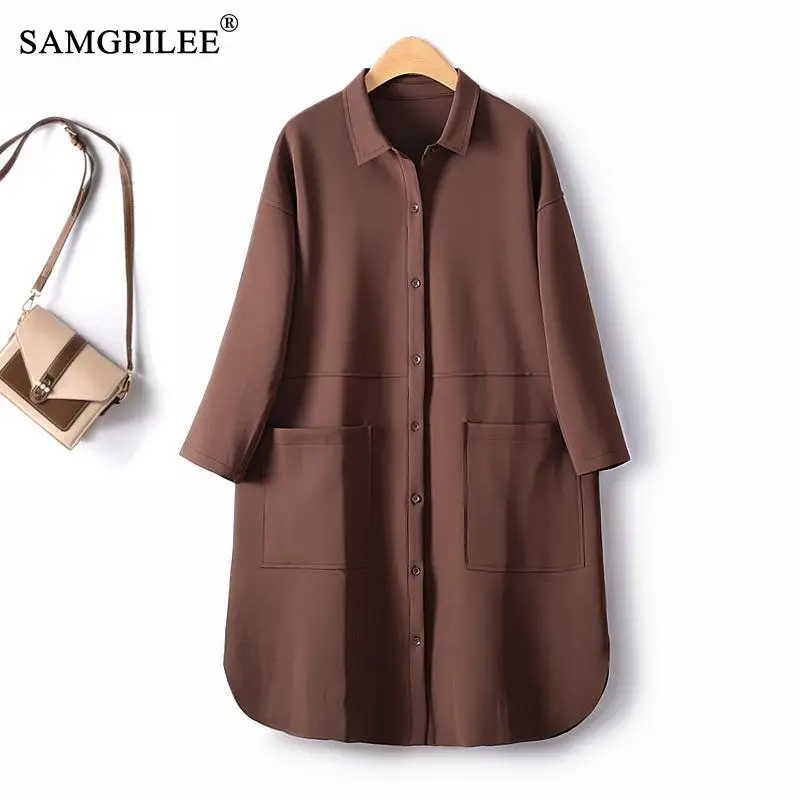 

Autumn New European Station Windbreaker Women Single Breasted Turn Down Collar Solid Loose Air Cotton Mid Length Trench Coat 4XL