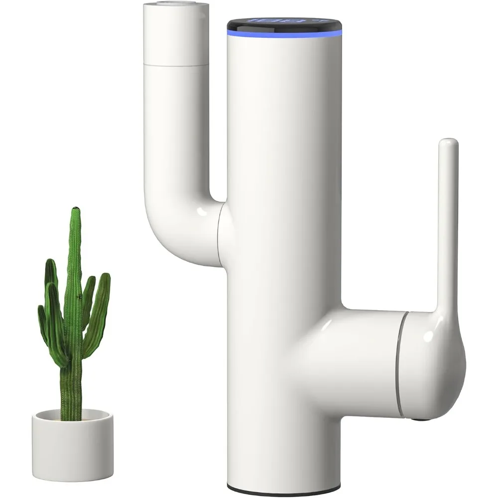 

Cactus Bathroom Faucet, 1-Hole Basin Tap with Water-Powered LED Temp Display, 360° Swivel, 2 Modes, Easy DIY Install (White)