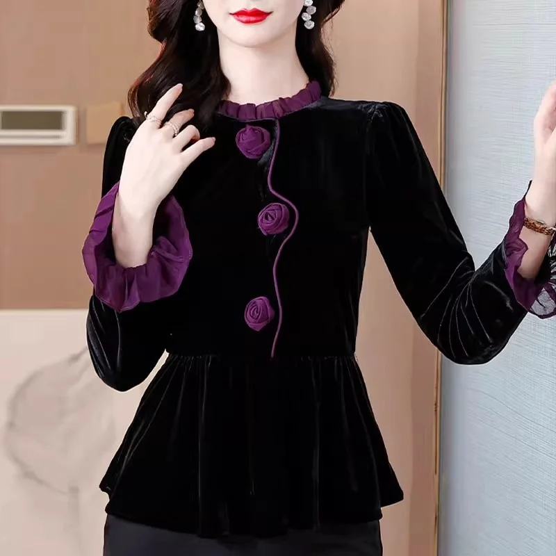 الراقية الذهب المخملية قميص مزاجه أمي بلوزة لخريف وشتاء ، المرأة الأنيقة كبيرة الحجم سليم صالح الأعلى w1656 #4