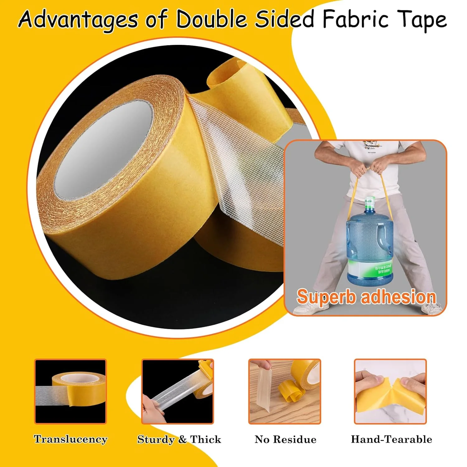 Multipurpose Double-Sided Fabric Tape Heavy Duty - Strong Adhesive Mesh Carpet Tape, Clear, No Residue Removal for Clothes - 2 I