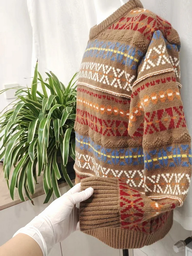 

Autumn Winter Thiened Floral Knit Casual round Ne Men's Sweater Warm Ethnic Sle American Retro Loose Comfortable Leisur...