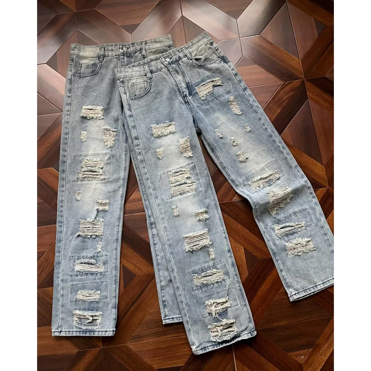 

American High Street Vintage Ripped Straight Leg Jeans Men Loose Versatile Wide Leg American Beggar Pants Cool Long Trousers