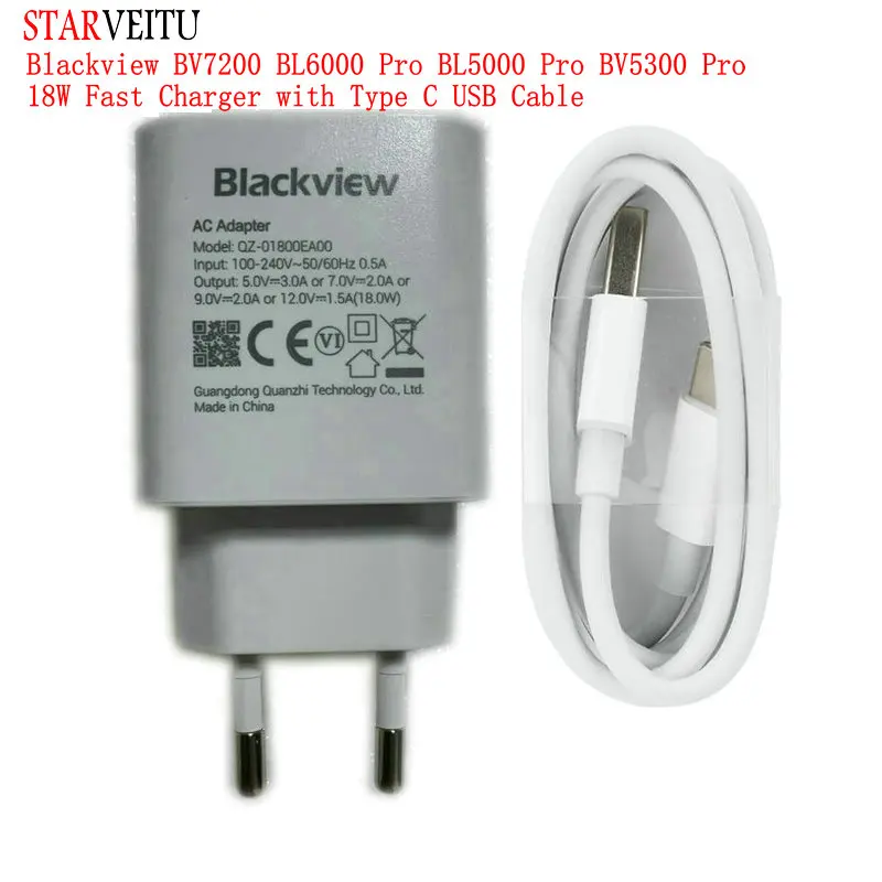 Power Adapter for Blackview,Quick Charge,Type C USB Cable,EU Travel Charger Plug,BV7200, BL6000 Pro, BL5000 Pro, BV5300 Pro, 18W