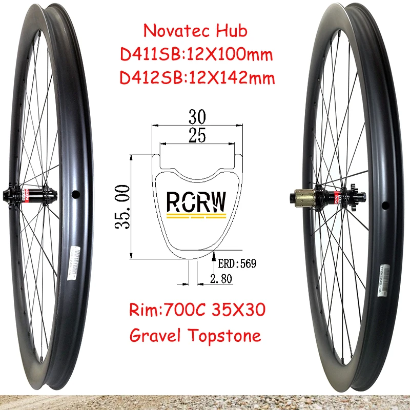 700C Gravel Road 35x30mm Wheelset Carbon Rim 24Hole Asymmetric Tubeless 30 Wide 35 Deep Novatec  D411SB D412SB 6 Bolts Shima Hub