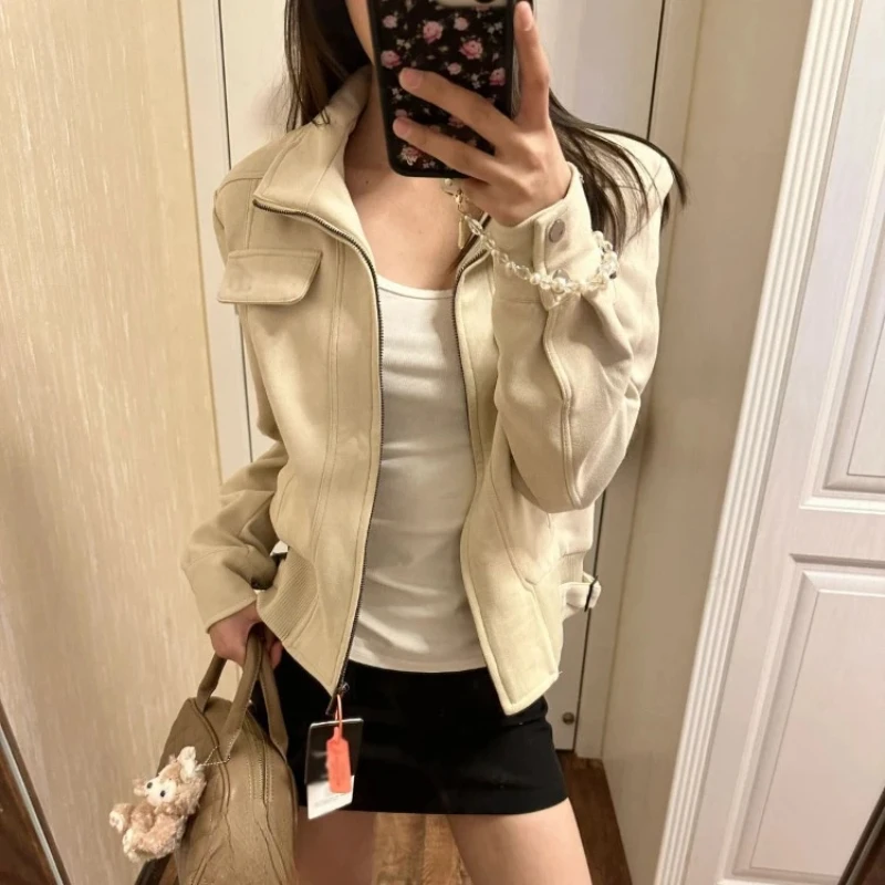 

Y2k Vintage Fur Leather Coat Women 2024 Autumn New Long Sleeve Zipper Tops Mujer American Patchwork Locomotive Jackets