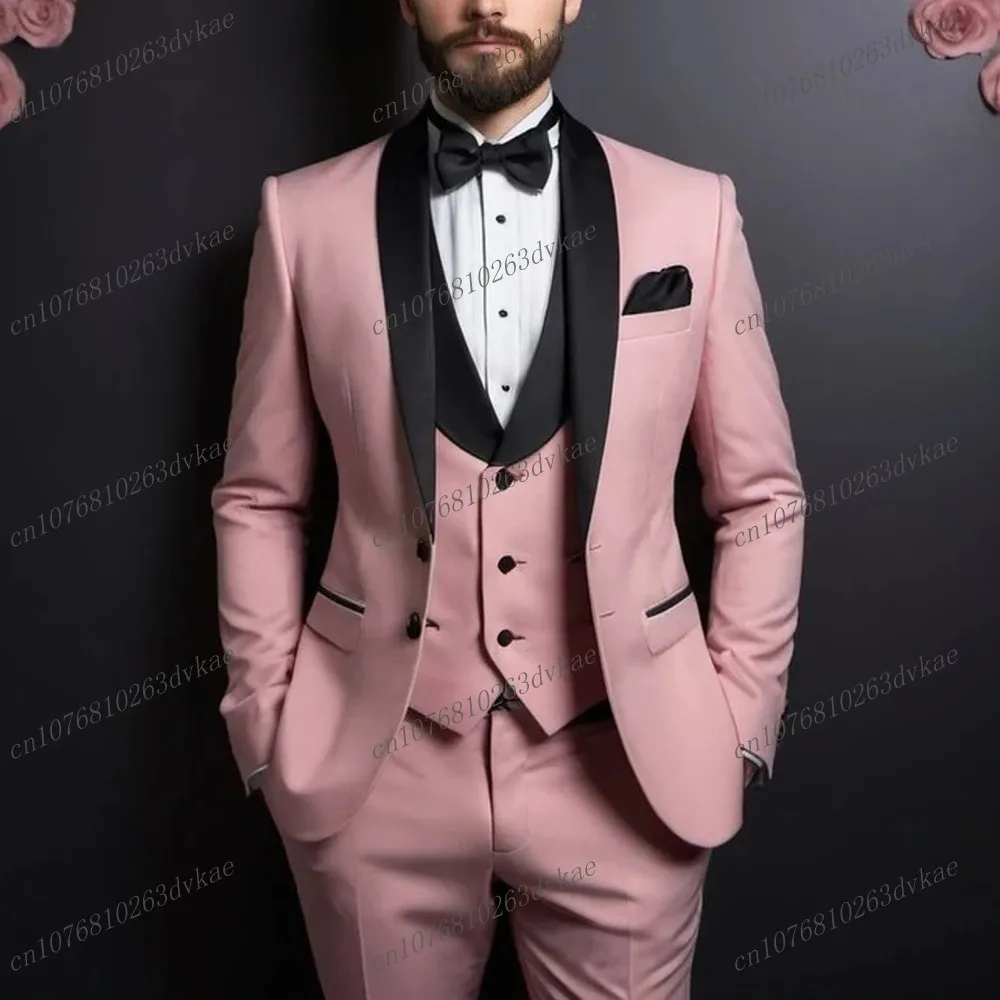 Black Lapel Pink Formal Occasion Business Men Suit Groom Groomsman Wedding Party Prom Male Tuxedos 3 Piece Set Blazer Vest Pants