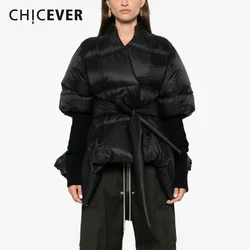 CHICEVER Solid Spliced Lace Up Irregular Coat for Women V Neck Long Sleeves Tunic Warm Cotton Coats Female Fashion Clothing New