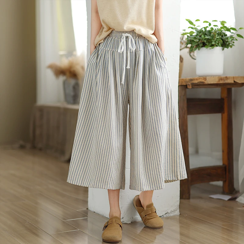 Emagrecimento cintura alta algodão linho calças de perna larga das mulheres preguiçoso sle sete Polegada calças roxo listrado calças casuais