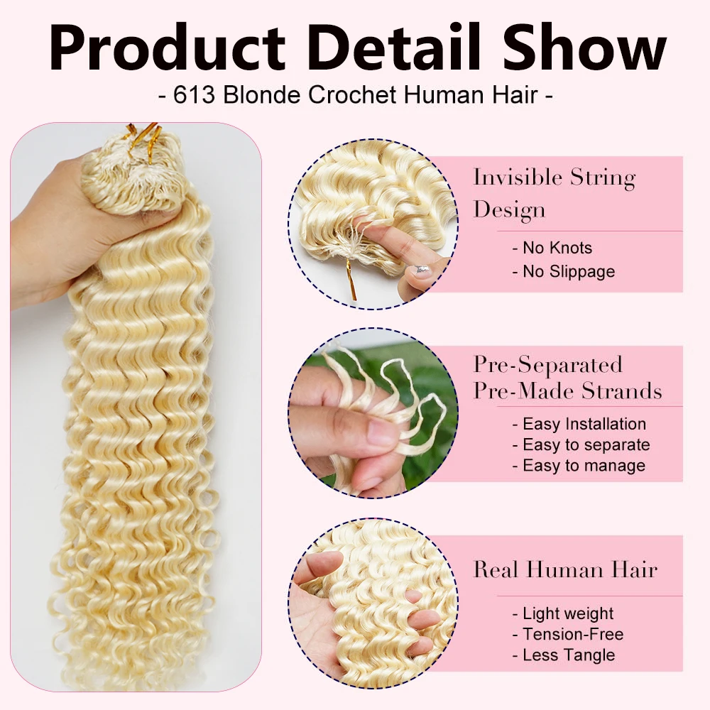 60g-300g Boho Braids Human Crochet Hair Deep Wave Feather Crochet Human Hair Blonde 613 Miracle Knots Hair 2# 27# 30# Human Hair Braiding Hair Deep Wave Bundles Crochet Human Hair Miracle Knots Pre Separated Bohemian Curls For Braids 100% Human Hair