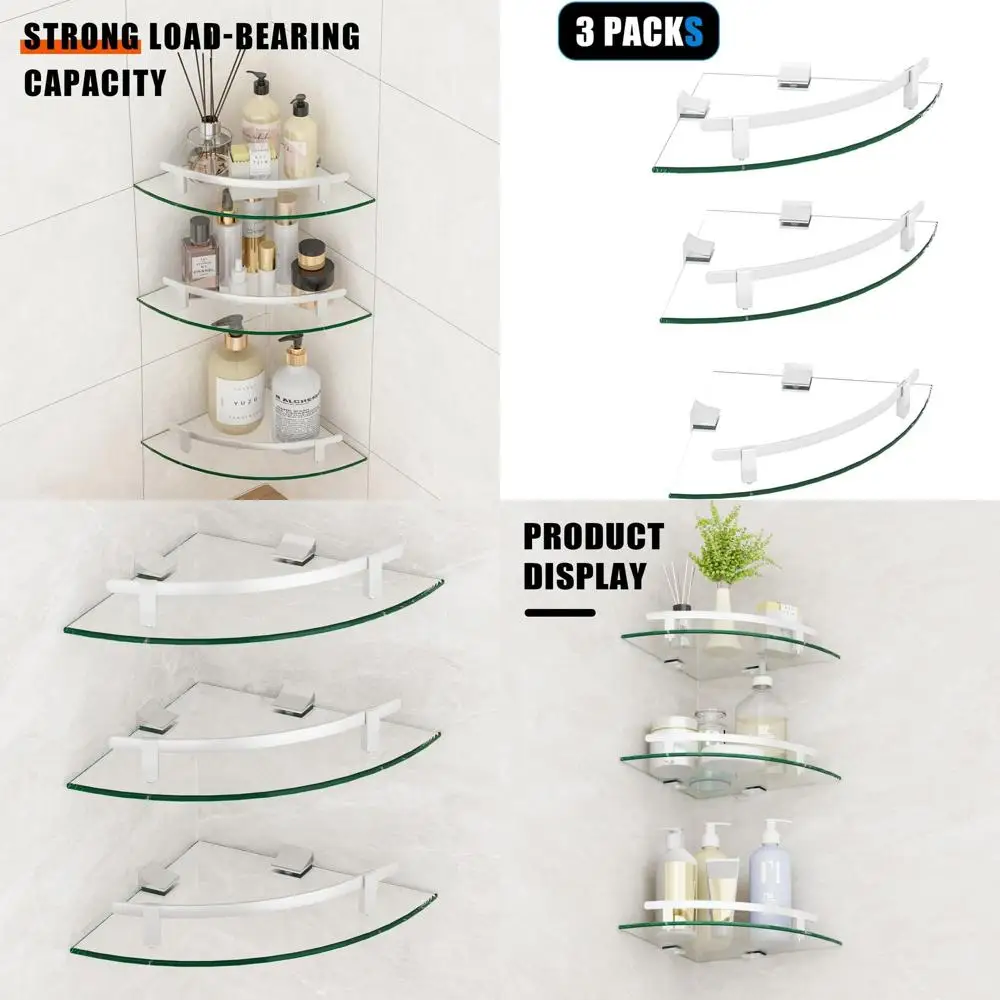 

3-Piece Tempered Glass Corner Shelves with Silver Rails, Ideal for Bathroom Storage