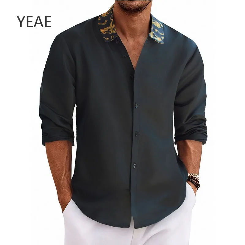 

YEAE Spring and Autumn Men's Long-sleeved Shirts Fashionable Printing Casual Business Versatile Daily Loose Breathable Clothing