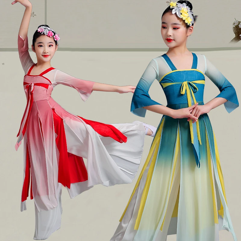 Vestido de dança clássica estilo chinês para adultos e crianças, meia saia fluida de chiffon, traje nacional