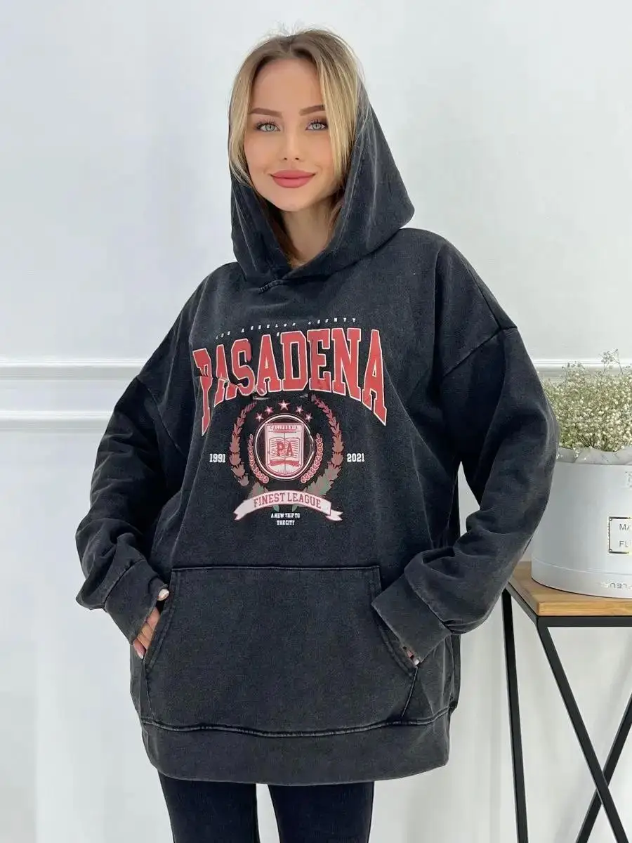 

Pasadena Fiest League Woman Vintage Washed Cotton Hoodie Harajuku Oversize Pullover Fashion Fleece Sweatshirt Autumn Soft Tops