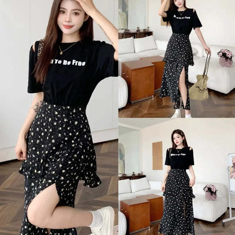 French Slit Black Floral Dress For Women's Summer Short Sleeved O Neck Letter Printed Patchwork Long Dress Casual Shopping Skirt