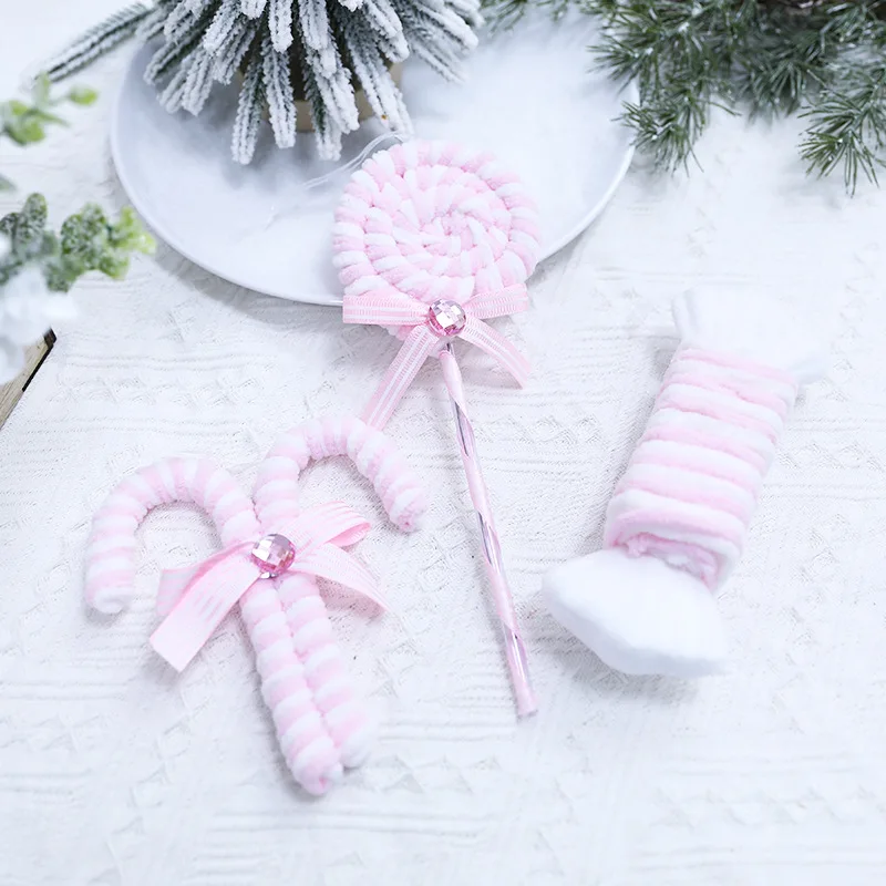 Christmas Ornaments Pink Candy Cane Lollipop Christmas Velvet Pendants Hanging Ornaments for Xmas Tree Party Decoration