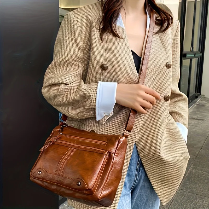 Ins Hot Retro Damen-Umhängetasche aus Leder mit Used-Look, Crossbody-Tasche mit mehreren Reißverschlusstaschen, trendige, geräumige, verstellbare Schultertasche – Detail 9