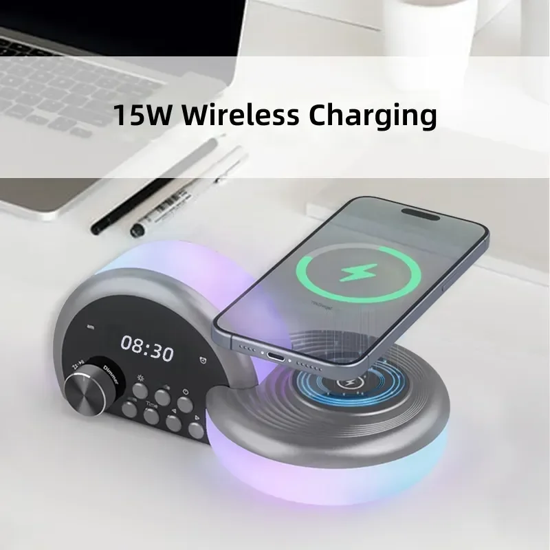 for Wireless Charging Bluetooth Speaker with Ambient Light Clock Alarm Audio Multi-function Device