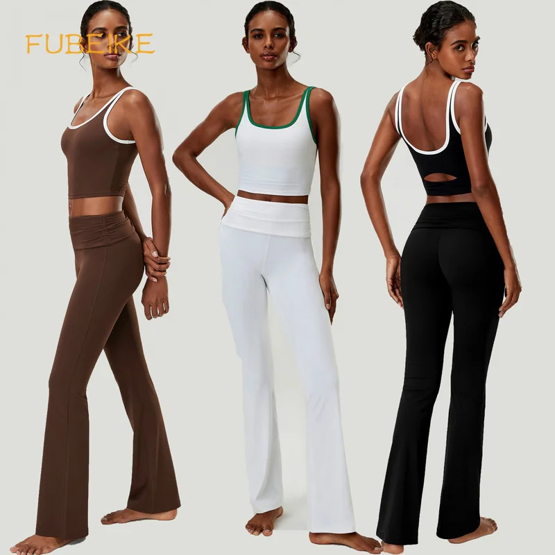 Women Plus Size 2Pcs Yoga Outfit Hollow Back U Neck Tank Top&Fold Over Waist Flared Leggings Running Gym Tennis Fitness Set