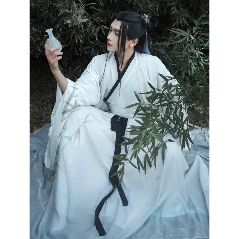 Traje Hanfu de manga grande para hombre, traje Oriental elegante con cuello cruzado blanco, estampado de bambú, ropa tradicional china para Cosplay, 3 piezas