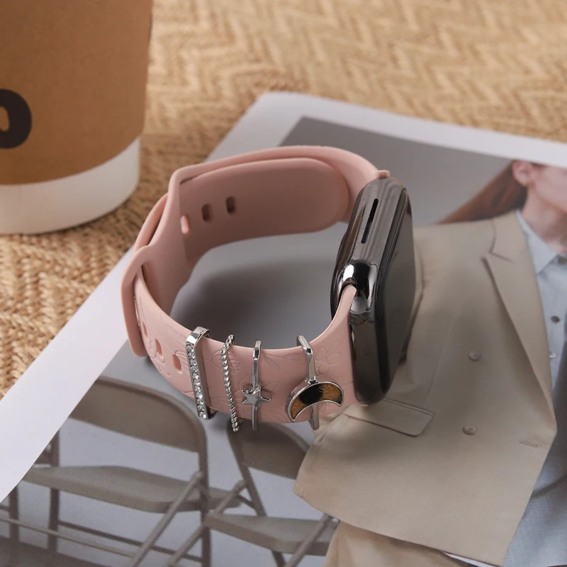 Set Gandulan Cincin Gelang Jam Silikon untuk Apple Strap Leopard Moon Heart Accessories Cincin Stud Mempesona untuk Dekorasi Tali Iwatch