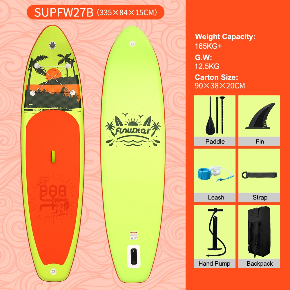 FUNWATER Opblaasbaar Stand Up Paddle Board, 320X83X15 cm SUP Board met antislipdek, verstelbare peddel, handpomp, rugzak, veiligheidslijn en reparatieset
