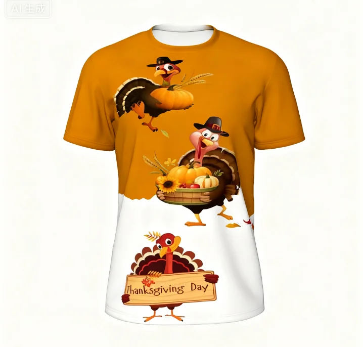 2025 الشكر الأسرة جمع تركيا نمط ثلاثية الأبعاد تي شيرت مطبوع الخريف موضة الرجال والنساء قصيرة الأكمام تي شيرت