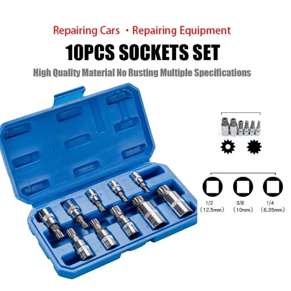 M4-M18 Professional 10 Pcs Point Triple Square Spline Bit Socket Set Tamper Press Batch Sleeve Set Auto Repair Tools Screwdriver