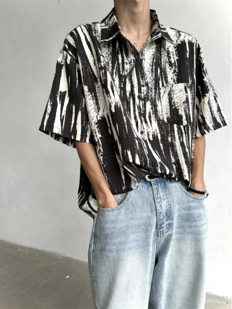 

Loose Ice Silk ort Sve Men's irt Water-Media Tie-Dye Floral Print Vintage High-End Feeling Sli Summer Top