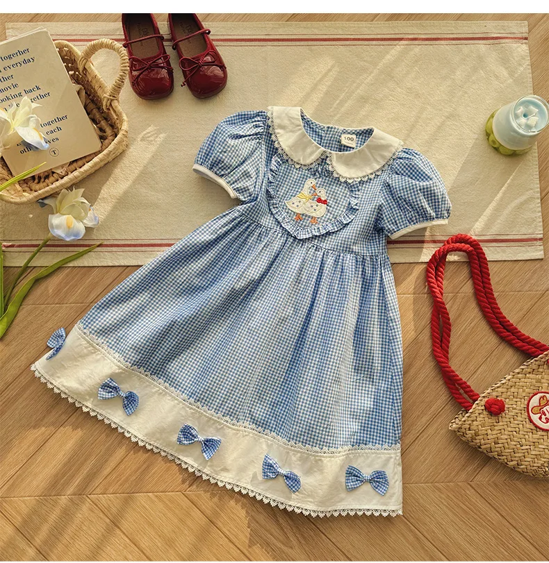 

Girls' Short Puff Sleeve Dress in a Lolita Style, Summer Fresh Blue and White Rabbit Cartoon Princess Dress.