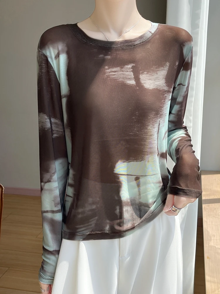 Damska koszulka na wiosnę i lato, długa, lekka warstwa bazowa, artystyczna, swobodna bluzka, wygodna, luźny krój, dzianinowa koszulka.