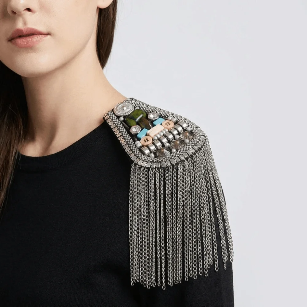Retro Epaulet Tassel Chain Shoulder Board Shoulder Flash Punk Fringe Shoulder Mark Breastpin Cool Beads Epaulette Party