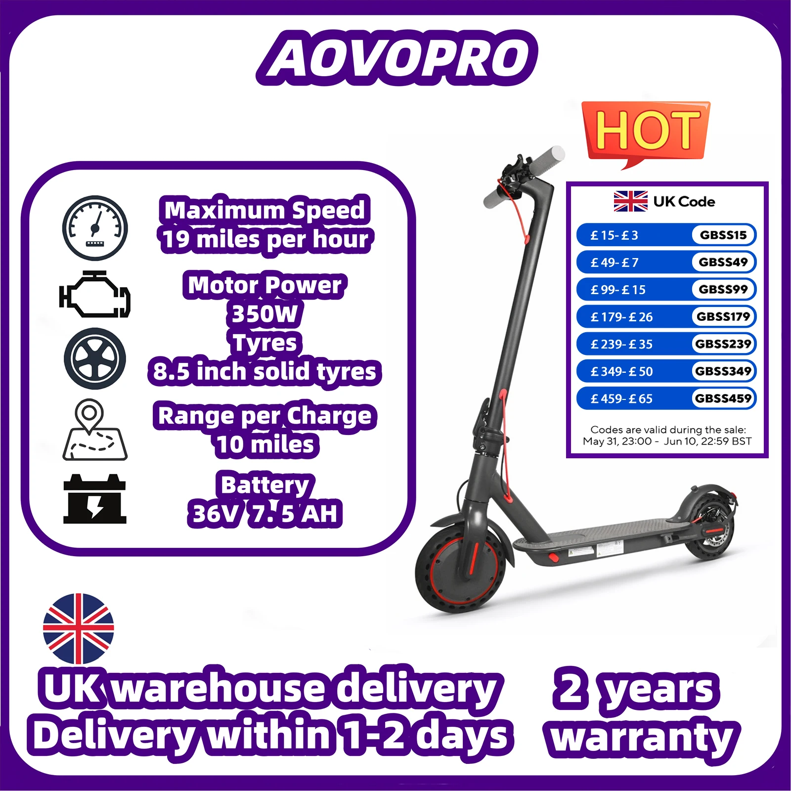 AOVOPRO Electric Scooter Smart Electric Scooter Maximum Speed: 19 miles per hour 350W Motor Range Per.Charge10 Miles