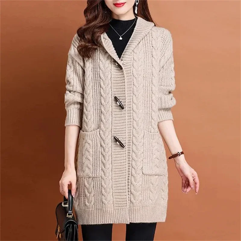 Autumn Winter Thick Sweater New Style Knitted Outerwear Women\'s Cardigan Medium Long Hooded  loose Cardigan Knit Sweater Coat