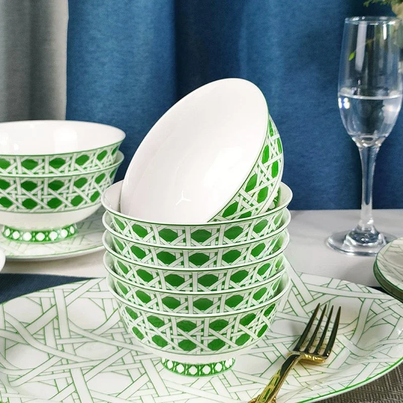 Green Grid Pattern 34-Piece Bone China Tableware Set Household Modern Simple Dishes Spoons