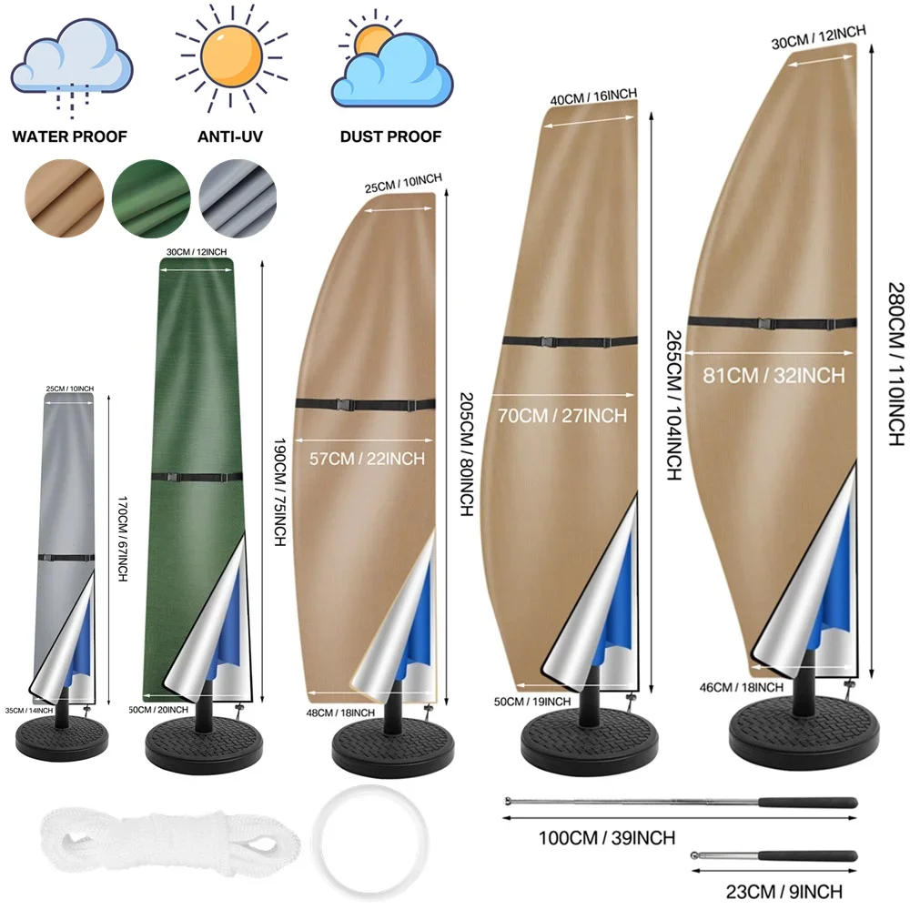 Garden Parasol Cover with Rod & Pull Ring UV Protection 210D Oxford Waterproof Fabric Cantilever Large Umbrella Cover Outdoor