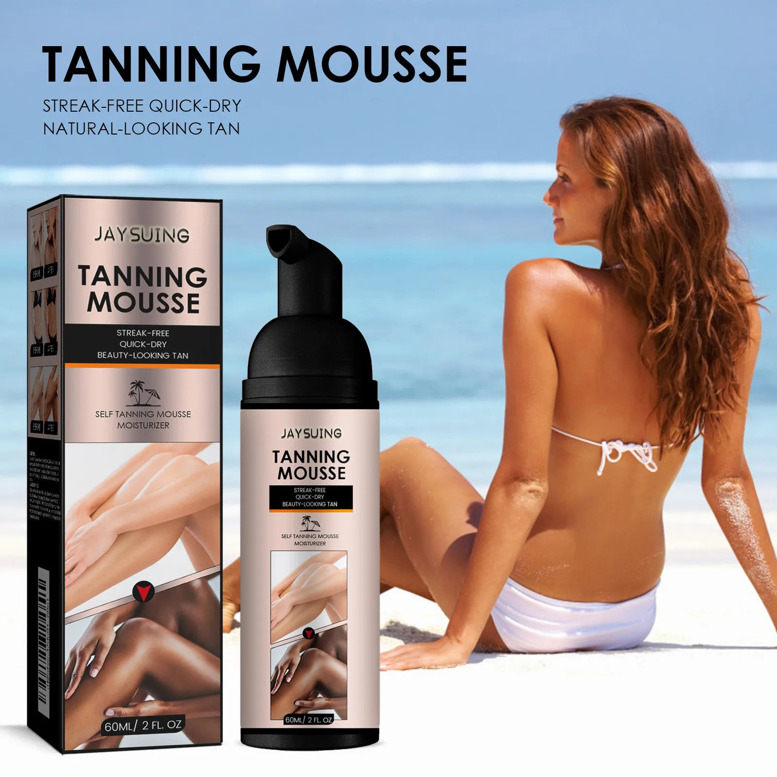 Bräunungs-Mousse-Creme, Solarium, brauner Sonnenbronzer, sonnenloser Bräuner für den Innenbereich, selbstbraune, feuchtigkeitsspendende, feuchtigkeitsspendende, körperbronzierende Lotion, 60 ml